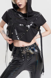 Hoodie en forme de pentagramme inversé en cuir brillant cousu, court à l'avant et long à l'arrière, t-shirt punk à manches courtes pour femmes